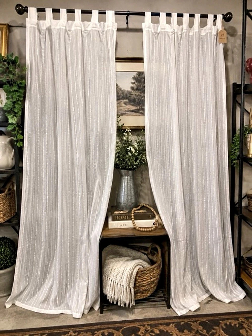 White Textured Striped Curtain Panels